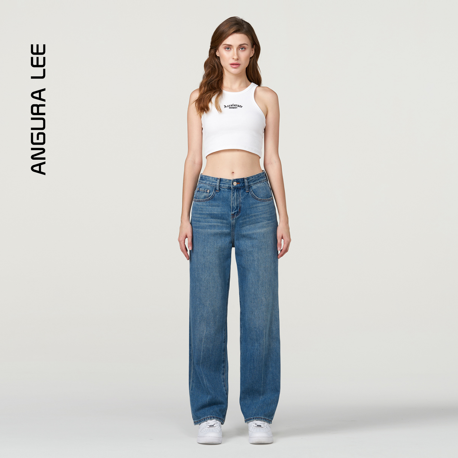 春夏經典水洗復古藍女裝牛仔高腰直筒闊腿