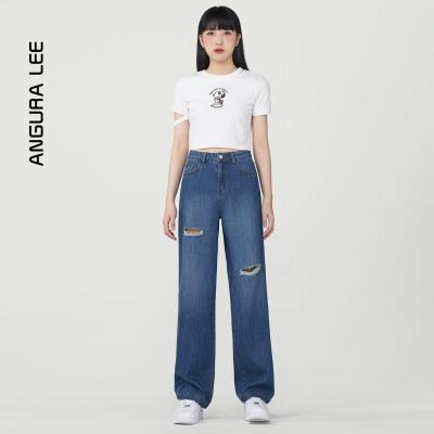 春夏新款經典水洗復古藍割爛女裝高腰直筒褲