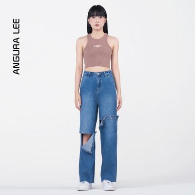 春夏經(jīng)典水洗中藍(lán)女裝可拆卸牛仔高腰直筒闊腿