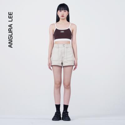 春夏新款經(jīng)典淺杏水洗女裝高腰牛仔短褲