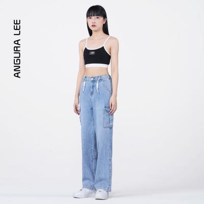 春夏經(jīng)典水洗淺藍(lán)女裝牛仔高腰工裝直筒褲