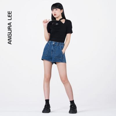 春夏經(jīng)典水洗深藍(lán)松緊腰女裝牛仔高腰短褲